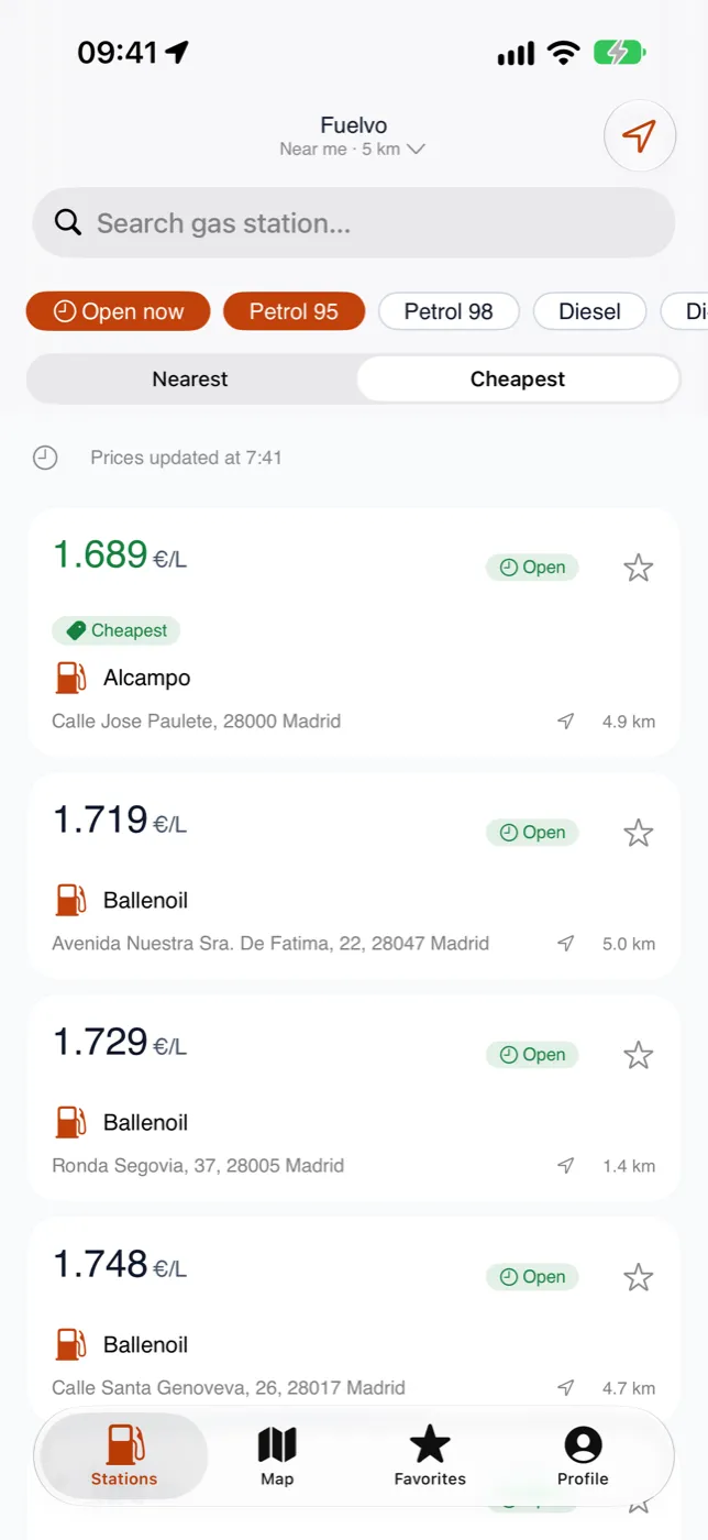Fuelvo's list of nearby stations with the cheapest one highlighted
