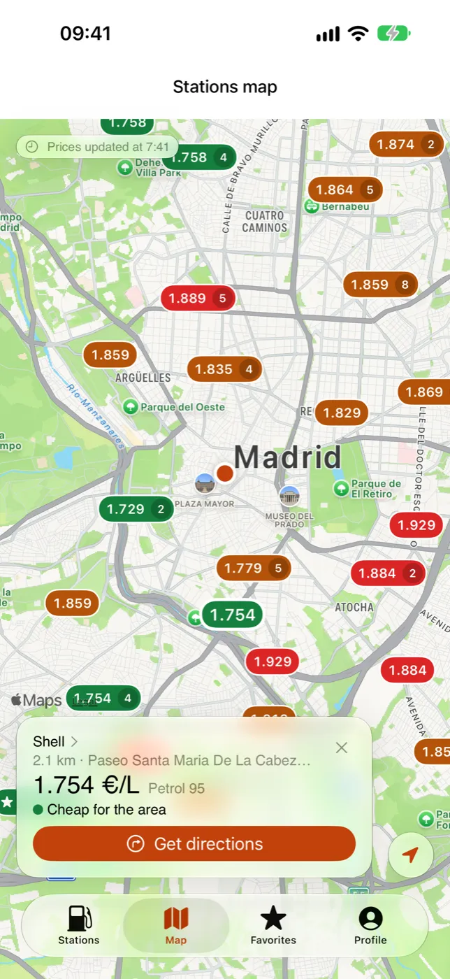 Fuelvo's map with each station's price in colour and one station's card open