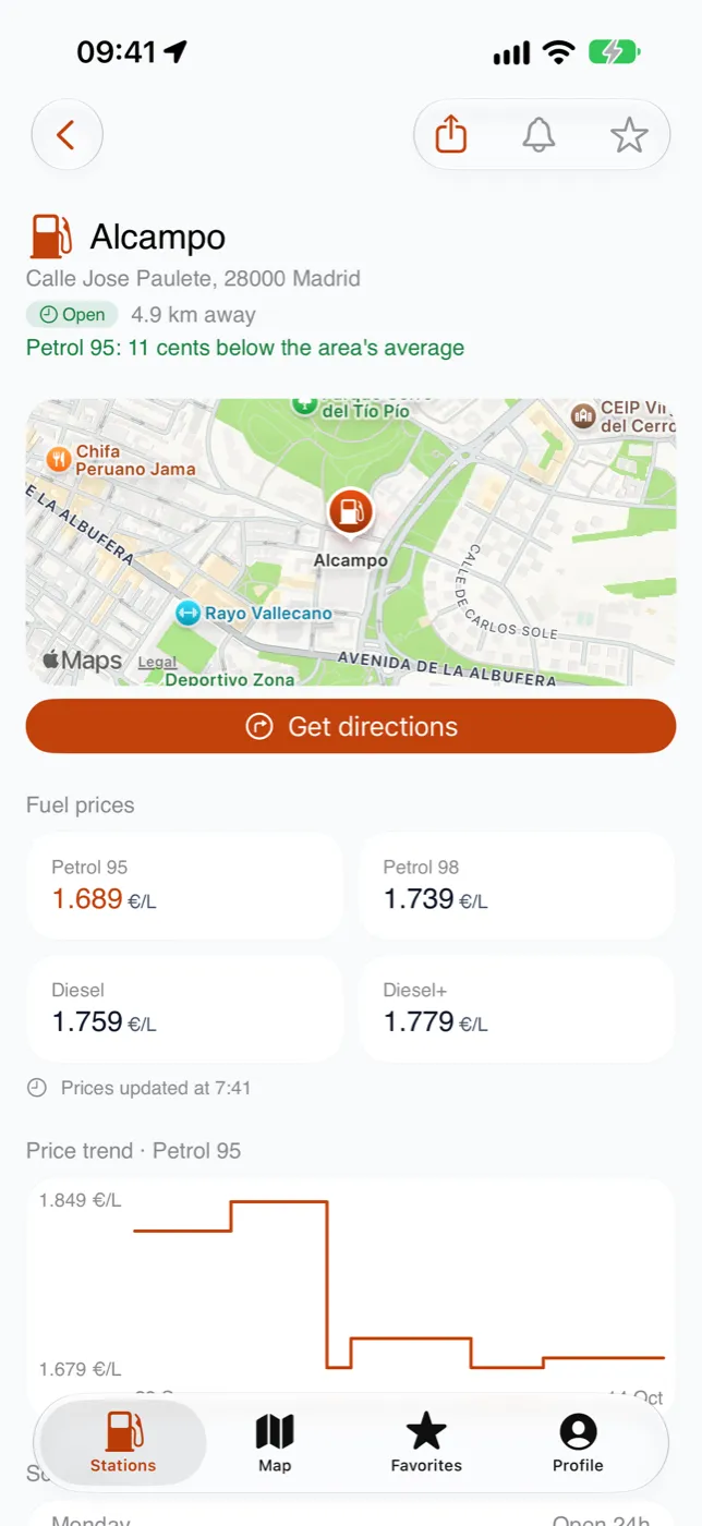 A station's detail in Fuelvo: prices, opening hours and directions