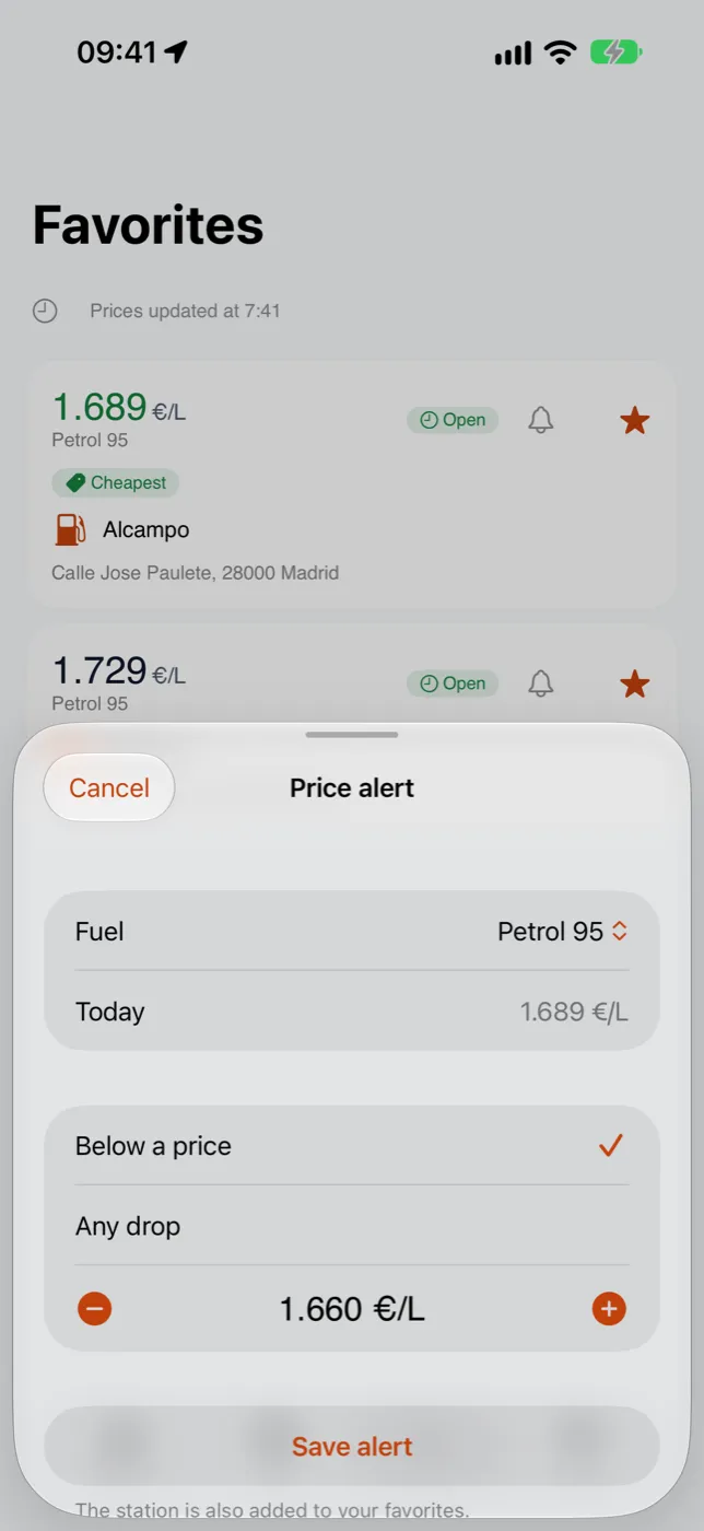 A price alert in Fuelvo