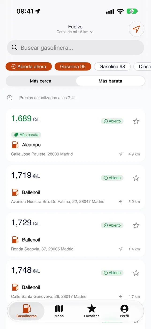 La lista de gasolineras cercanas en Fuelvo, con la más barata destacada